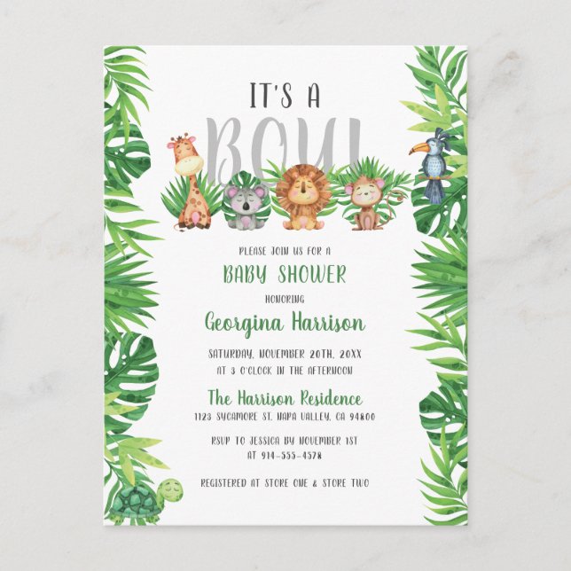 Sleepy Jungle Animals | It's A Boy Baby Shower Invitation Postcard (Front)