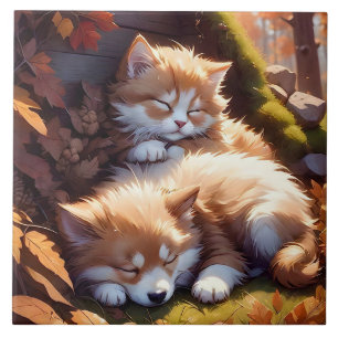 Sleepy Kitten and Puppy Fall Leaves Portrait Art Tile