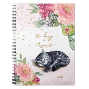 Sleepy Kitten Illustration Flower Girl Daily Diary Notebook