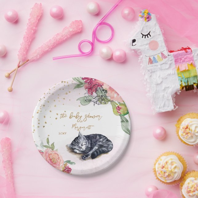 Sleepy Kitten Illustration Girl Baby Shower Paper Plate (Party)