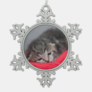 Sleepy kitty snowflake pewter christmas ornament