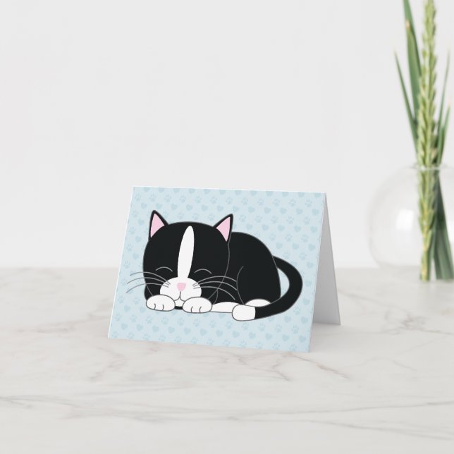 Sleepy Kitty {Tuxedo Cat} Folded Thank You Notes (Front)