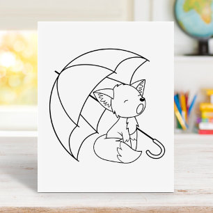 Sleepy Little Fox under Umbrella Colouring Page Rubber Stamp