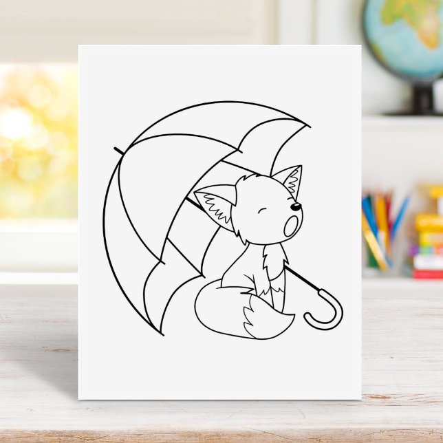 Sleepy Little Fox under Umbrella Colouring Page Rubber Stamp (Creator Uploaded)