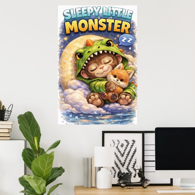Sleepy Little Monster Cute Dino Poster (Home Office)