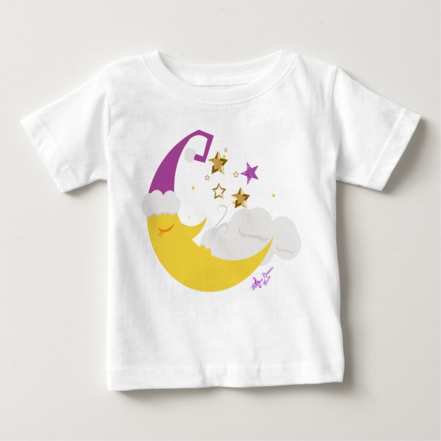 Sleepy Moon Purple Hat & Gold Stars Baby T-Shirt (Front)
