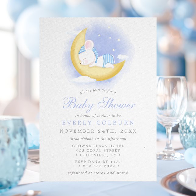 Sleepy Mouse On Moon Watercolor Boy Baby Shower Invitation (Creator Uploaded)