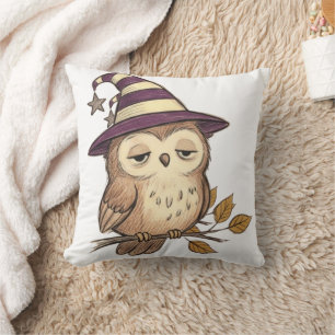 Sleepy Night Owl in Purple Witch Hat Halloween Col Cushion