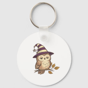 Sleepy Night Owl in Purple Witch Hat Halloween Col Key Ring