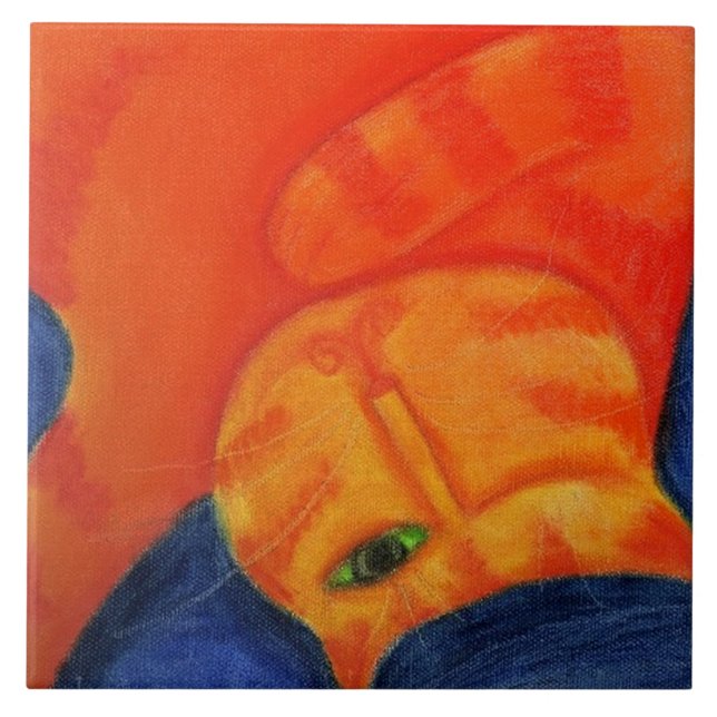 Sleepy Orange Cat Abstract Pastel Painting Tile (Front)
