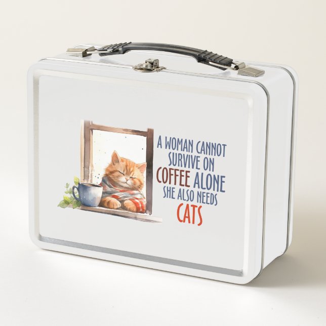 Sleepy Orange Cat with Coffee – Cosy Cat Metal Lunch Box (Front)