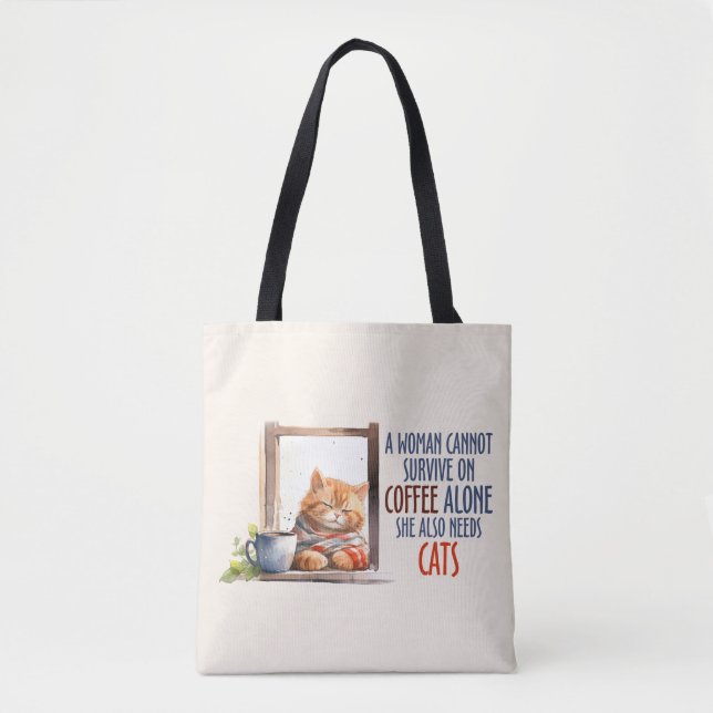 Sleepy Orange Cat with Coffee – Cosy Cat Tote Bag (Front)