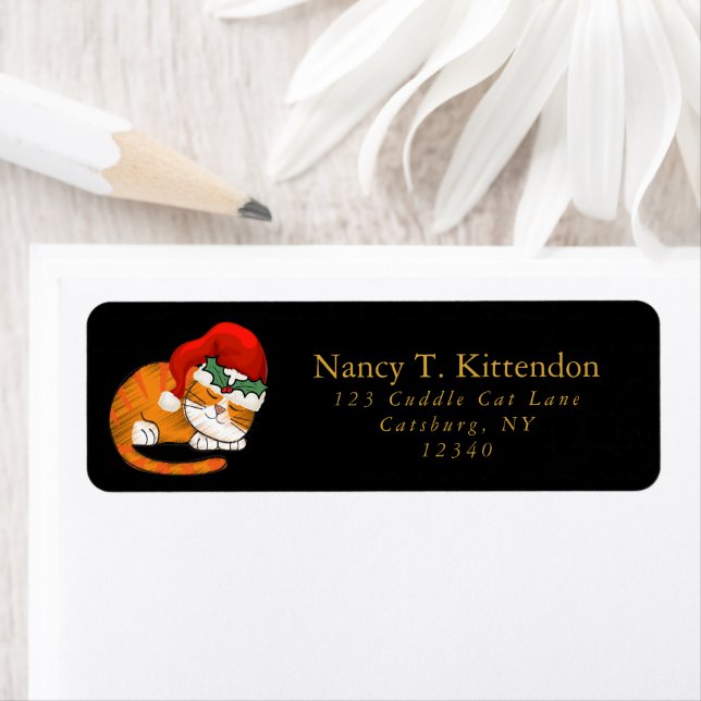 Sleepy Orange Christmas Santa Cat Black & Gold (Insitu)