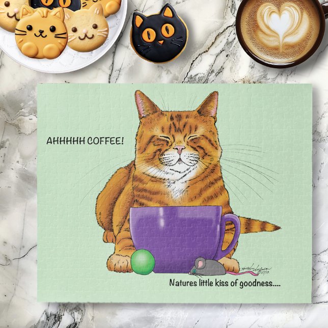 Sleepy Orange Ginger Cat Coffee Green Purple Jigsaw Puzzle (Creator Uploaded)