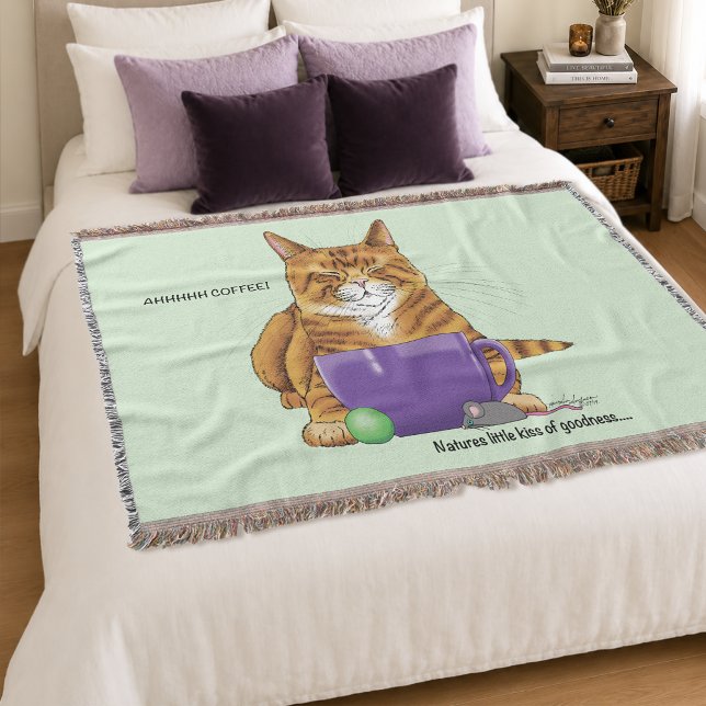 Sleepy Orange Ginger Cat Coffee Green Purple Throw Blanket (Creator Uploaded)