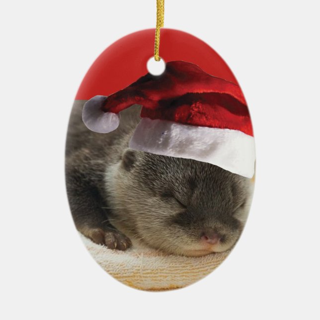 Sleepy Otter Santa Claus Ceramic Tree Decoration (Front)
