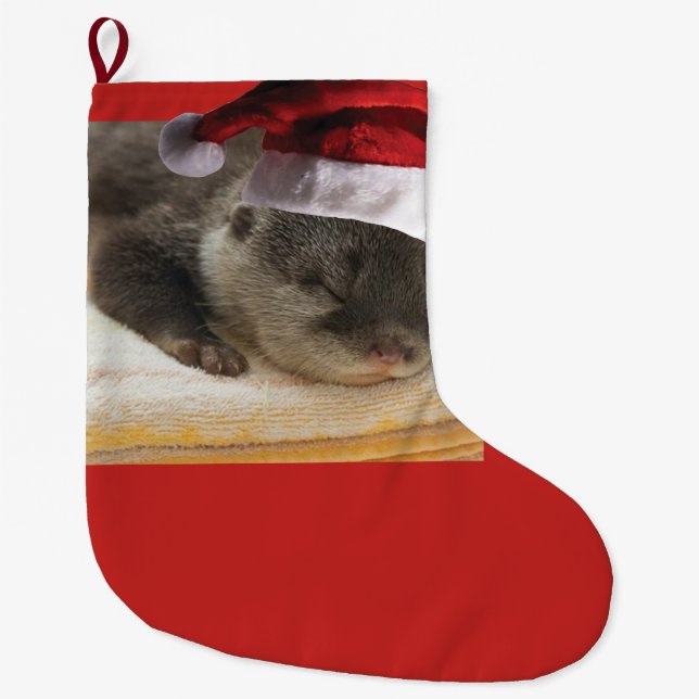 Sleepy Otter Santa Claus Large Christmas Stocking (Front)