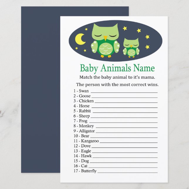 Sleepy owl Baby Animals Name Game (Front/Back)