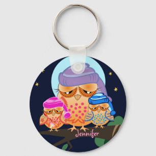 Sleepy Owl Family with Custom Name Key Ring