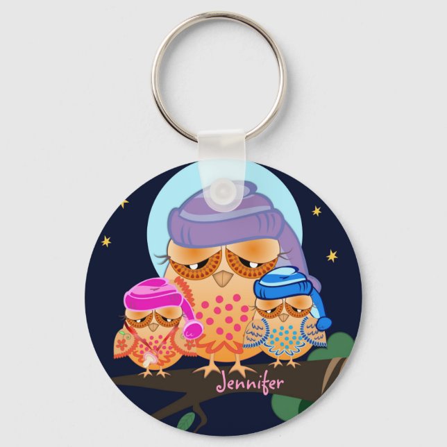 Sleepy Owl Family with Custom Name Key Ring (Front)
