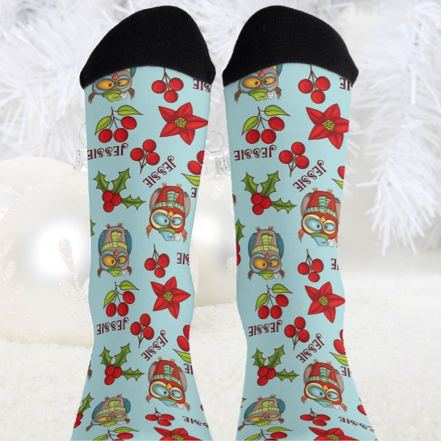 Sleepy Owls Personalise Name Christmas Novelty Socks (Creator Uploaded)