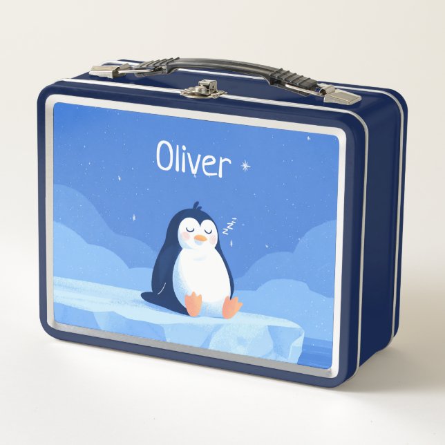 Sleepy Penguin, Boys, Personalized Blue  Metal Lunch Box (Front)
