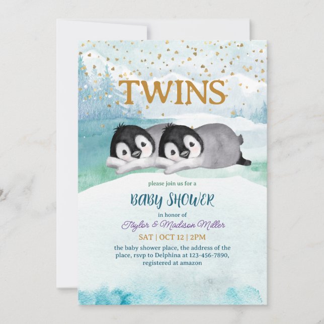 Sleepy Penguin Twin Winter Theme Baby Boy Shower Invitation (Front)