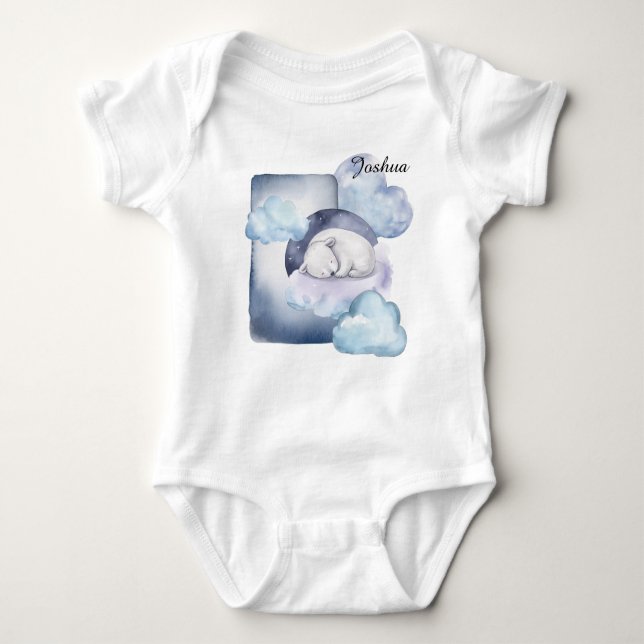 Sleepy Polar Bear in the Clouds Personalizable  Baby Bodysuit (Front)