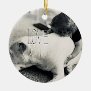 Sleepy puppy pitbull and baby cuddles ceramic tree decoration