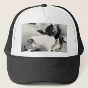 Sleepy puppy pitbull and baby cuddles trucker hat