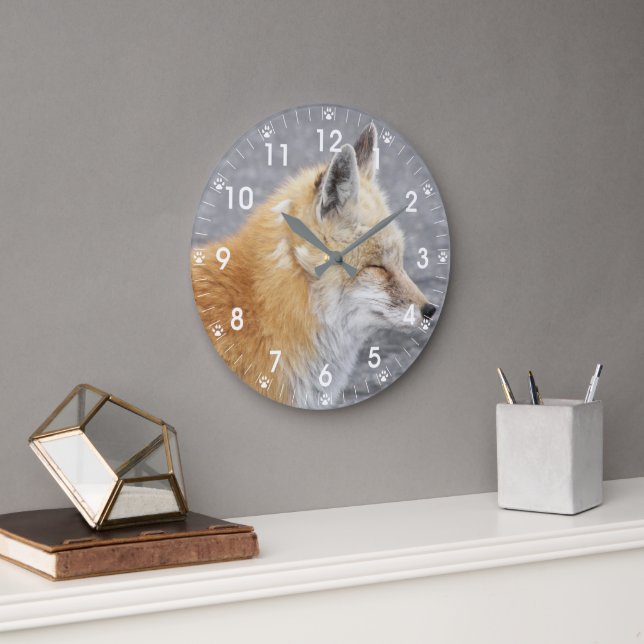 Sleepy Red Fox Nature Photo Large Clock (Office)