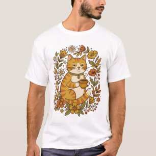 Sleepy Retro Cat Drinking Coffee Floral T-Shirt