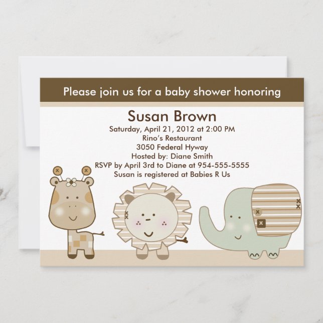 Sleepy Safari Animals Baby Shower Invitation (Front)
