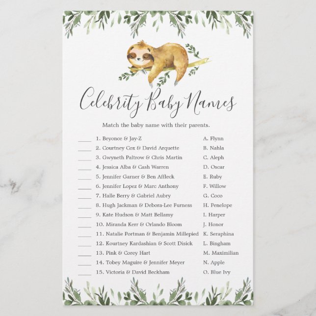 Sleepy Sloth Baby Shower Celebrity Baby Names Game (Front)