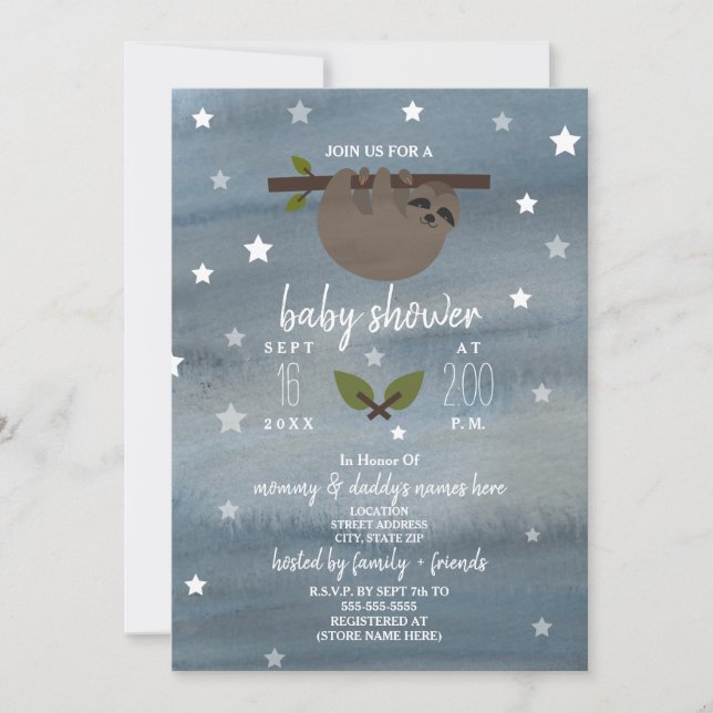 Sleepy Sloth Watercolor Stars Baby Shower Invitation (Front)