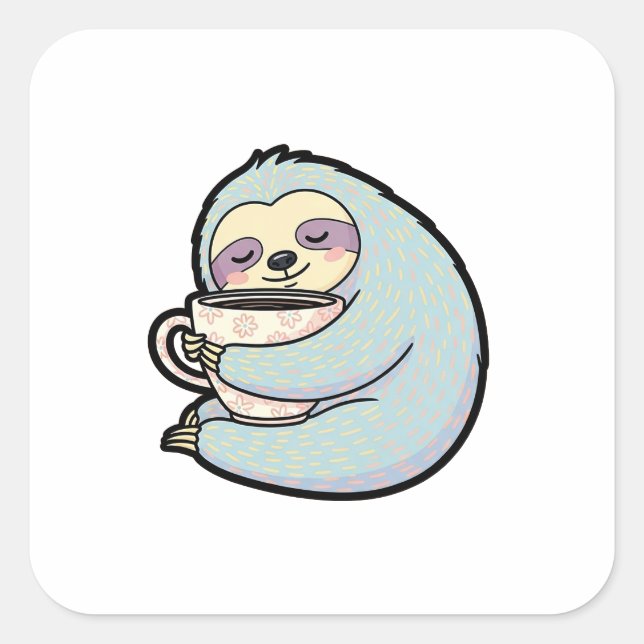 Sleepy Sloth with Coffee – Cute Cozy Illustration Square Sticker (Front)