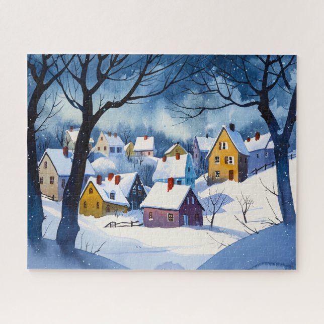 Sleepy Snowy Village - Watercolor Jigsaw Puzzle (Horizontal)