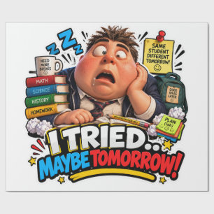 Sleepy Student Sleeping on Books Cartoon Gift Wrap