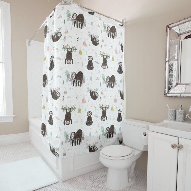 Sleepy Sweet Sloth Pattern Shower Curtain (In Situ)