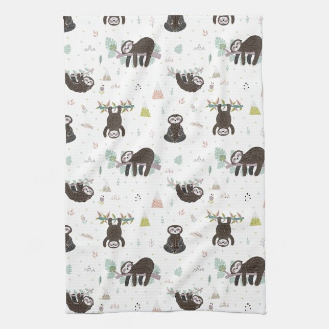 Sleepy Sweet Sloth Pattern Tea Towel (Vertical)