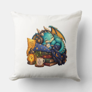 Sleepy Teal Dragon Cosy Fantasy Art Cushion