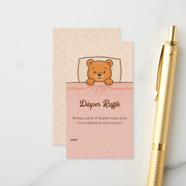 Sleepy Teddy Bear Light Pink Diaper Raffle Ticket Enclosure Card (Front/Back In Situ)