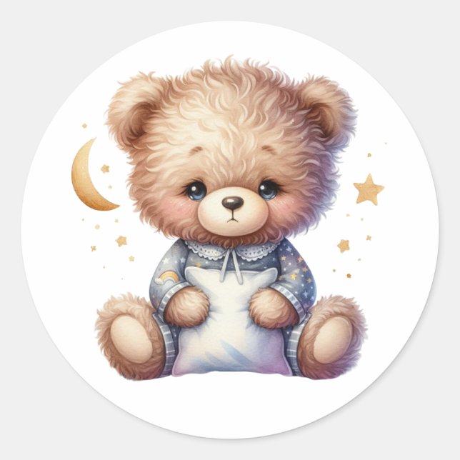 Sleepy Teddy with Pillow Classic Round Sticker (Front)