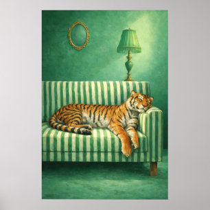 Sleepy Tiger Art Print Maximalist Green Bedroom