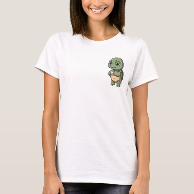 Sleepy Turtle Holding a Hot Cup of Coffee T-Shirt (Front)