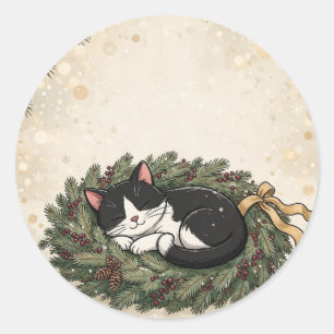 Sleepy Tuxedo Cat Curled Sleeping in Christmas Wre Classic Round Sticker