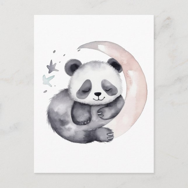 Sleepy Watercolor Moon Baby Panda Bear Postcard (Front)