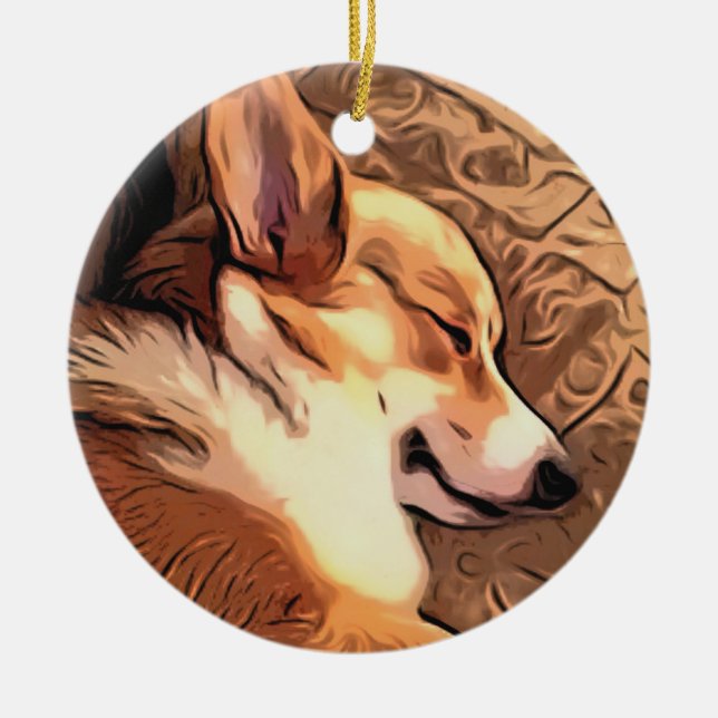 Sleepy Welsh Corgi Ceramic Tree Decoration (Front)