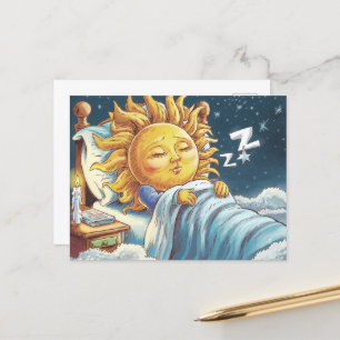 Sleepy whimsical sunshine in bed  postcard