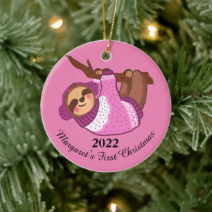 Sleepy Winter Sloth in Pink Ceramic Tree Decoration